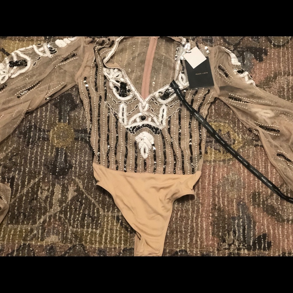 Peace + Love Embellished Plunge Mesh Bodysuit